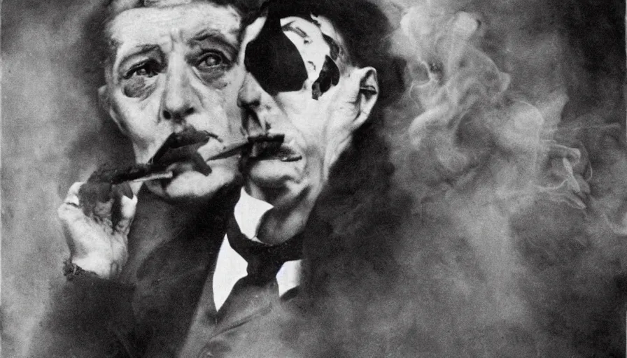 Prompt: man - raven hybrid smoking, realistic, historic, detailed, realistic, 1 9 2 0's horror film, black and white