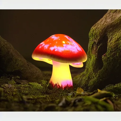 Prompt: glowing mushroom, luminescent mushroom : : dark forest : : [ illuminated by a single mushroom ] : : 8 k : : [ digital art ] : :