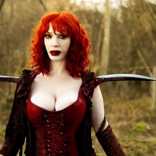 Image similar to photo of christina hendricks as a vampire warrior with daggers