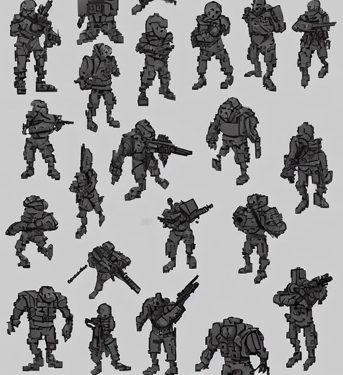 Prompt: monochromatic color scheme!! game asset of military exploration of shapes and forms, pixel art, 2 d sprite art, in the style of richard schmidbauer, autumn rain turkel, rick dai, yolie leif, adam moore, stylized props, kitbash, human anatomy, call of duty, battlefield, gears of war, artstation, pinterest, deviantart