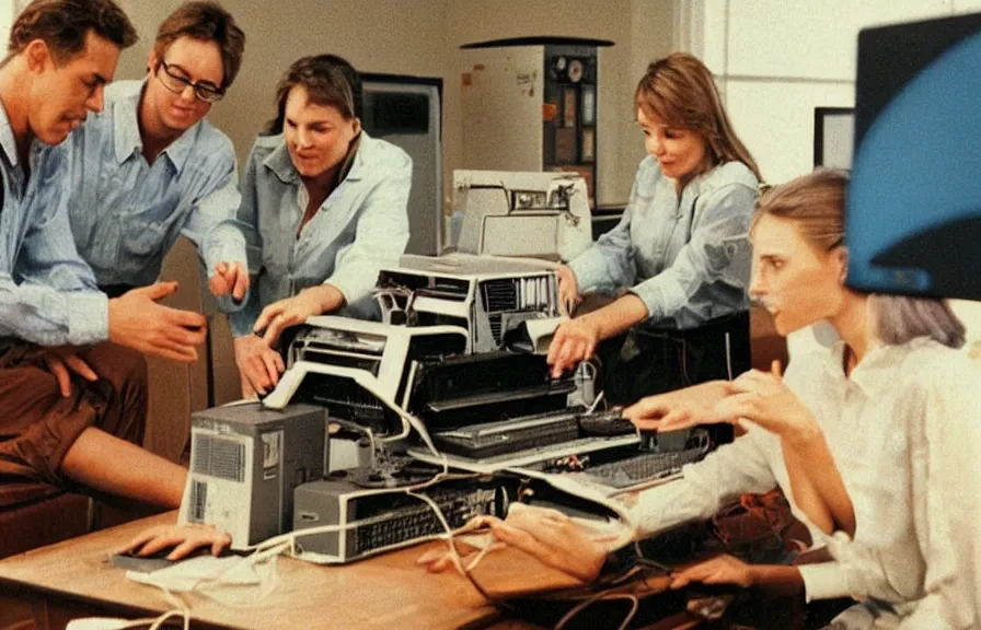 Prompt: 1990s color commercial still of three people looking at an old computer on a desk. The computer screen is glowing with occult diagrams. There are candles on a desk. The computer glow is lighting people's faces. Grainy, cinematic, glitch