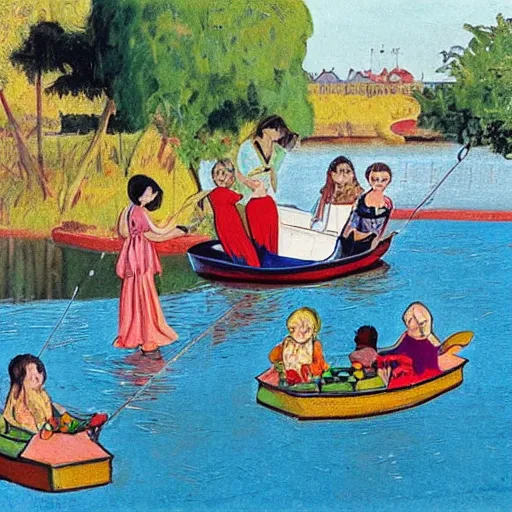 Prompt: The installation art depicts a group of well-dressed women and children enjoying a leisurely boat ride on a calm day. The women are chatting and laughing while the children play with a toy boat in the foreground. hunter green, cardinal by Moebius angular