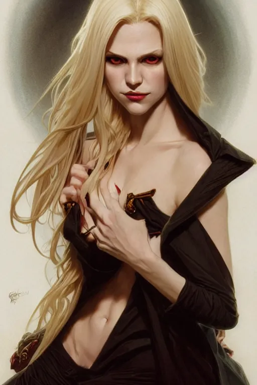 Image similar to portrait of a blonde vampire, dark, piercing eyes, gentle expression, elegant clothing, photorealistic, highly detailed, artstation, smooth, sharp focus, art by michael whelan, artgerm, greg rutkowski and alphonse mucha