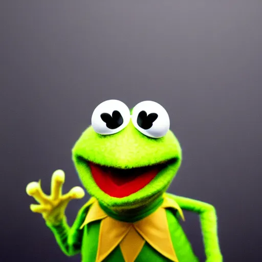 Prompt: kermit the frog looking sad and afraid at the camera, dark background, one hand is in mouth as a sign of fear