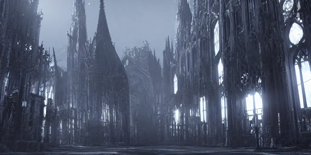 Image similar to grimdark tsutomu nihei aposimz gothic cathedral city, unreal engine, 8 k, ultra realistic, ultra detail