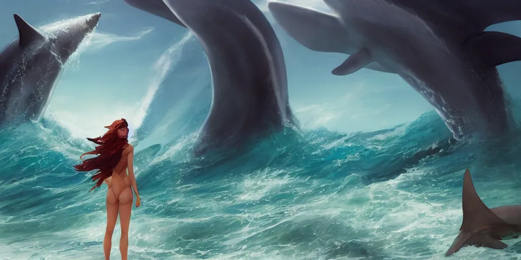 Image similar to close up of a beautiful girl on the horizon, hold the trident, model pose, slightly smiling,, big wave, big whale fighting against sharks on the background, by peter mohrbacher and makoto shinkai and ferdinand knab