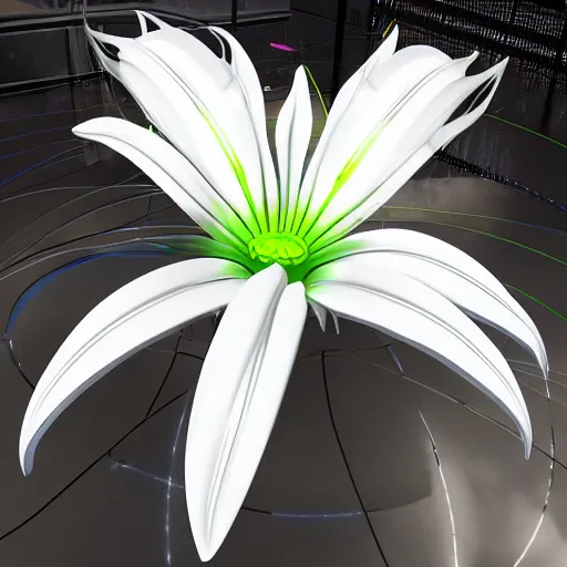 Image similar to a futuristic, cybertronic lily flower, metallic, reflective, unreal engine