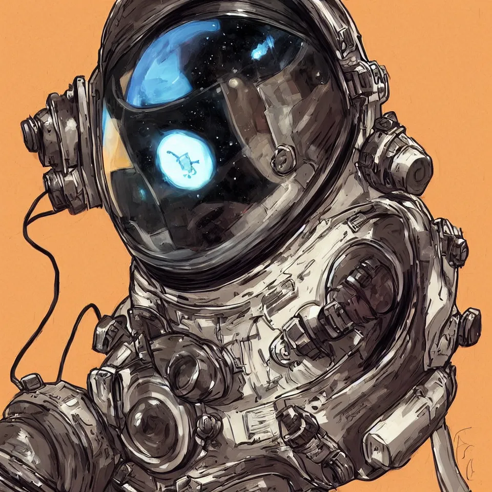 Prompt: a detailed concept art of an astronaut helmet wearing a headphone by john romita jr, digital painting, digital art, beautiful, dynamic lighting, cinematic, epic composition, masterpiece