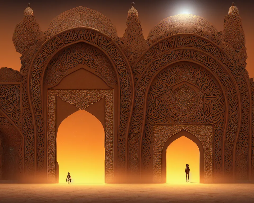 Prompt: an islamic style ornamental gate in the desert opens into an other dimension with different alien landscape. ornament, intarsia, portal, doorway, dynamic lighting, ambient lighting, atmospherical, photorealistic fantasy concept art, trending on art station, stunning visuals, creative, cinematic, ultra detailed