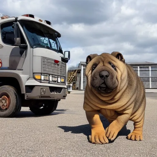 Image similar to sharpei dog driving a cement truck