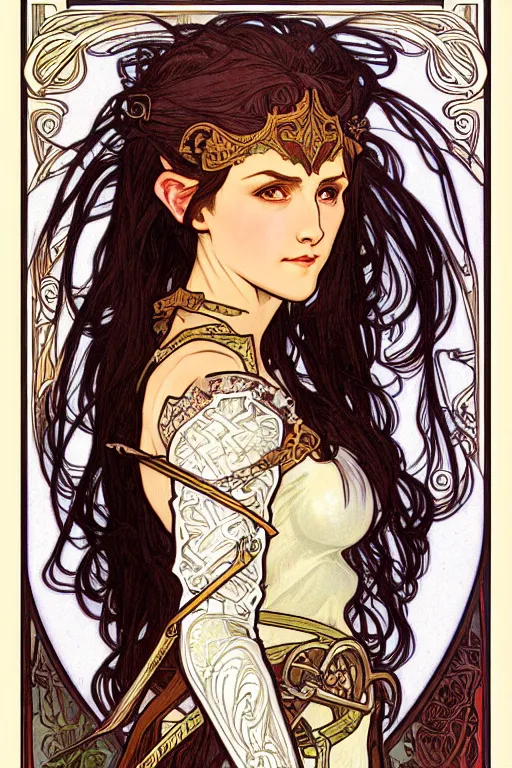 Image similar to head and shoulders portrait of an eldritch knight, elf, beautiful, female, breastplate, magical, high fantasy, d & d, by alphonse mucha, face details, extremely detailed, digital illustration