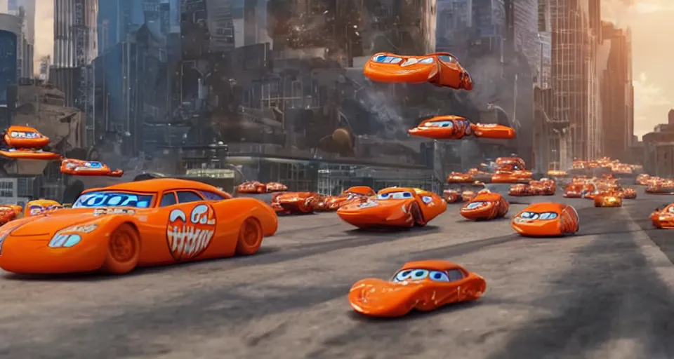Prompt: film still of the Hot Wheels movie directed by Denis Villeneuve, cars driving on orange transparent hot wheels tracks across tops of buildings