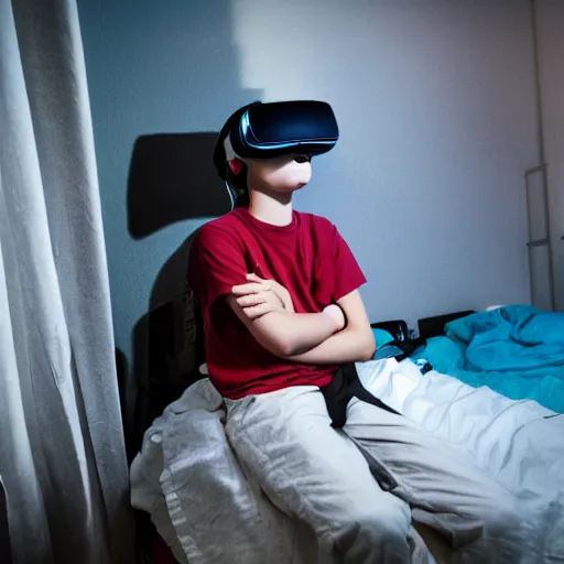 Image similar to A teenage caucasian boy wearing a VR-headset sitting on his messy bed. The messy tiny room is dimly lit by a small night light. dim lighting, award-winning, anime, manga style, cyberpunk