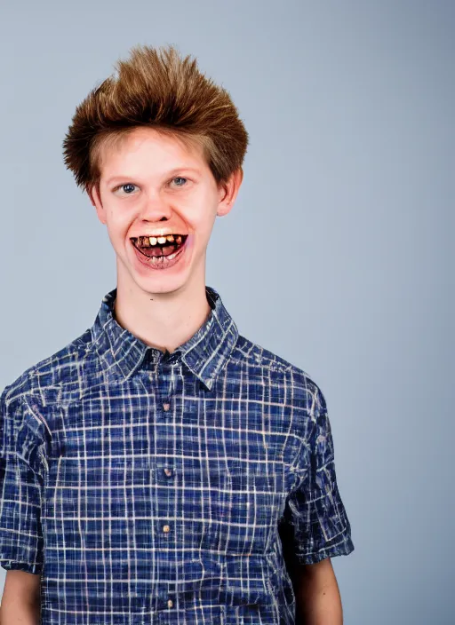 Prompt: portrait photo still of real life teen butthead with braces, 8 k, 8 5 mm, f. 1 4