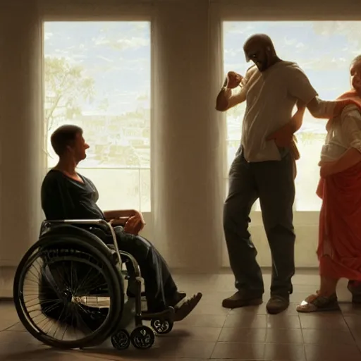 Image similar to a male patient in a wheelchair in the hospital with his wife and son standing by. happy, cheerful, smiling, intricate, face enhance, sharp focus, cinematic lighting, 8 k, art by greg rutkowski, william adolphe bouguereau