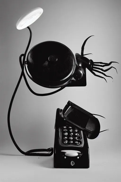 Image similar to commercial product photography advertisement for Salvador Dali’s Lobster Telephone, a black Rotary telephone with a painted plaster lobster for a handle, Rear lighting, commercial studio lighting