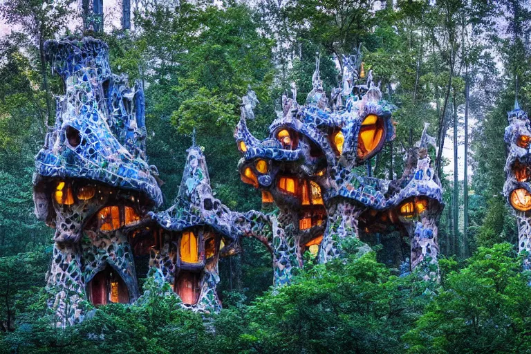 treehouses from gaudi in a deep mystical forest