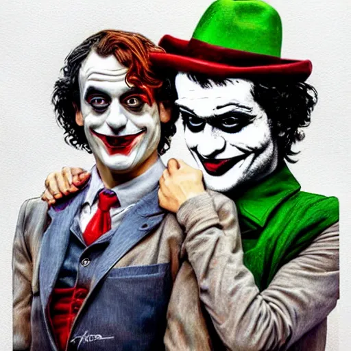 Image similar to ilya yefimovich repin and mimmo rottela and banksy as joaquin phoenix skinny joker, holding hand, lady gaga harley queen, ultra photorealistic, intricate details, pop art style, concept art, confident posse, object super details, 2 colours, warm color, 4 k, ultra smooth, sharp focus