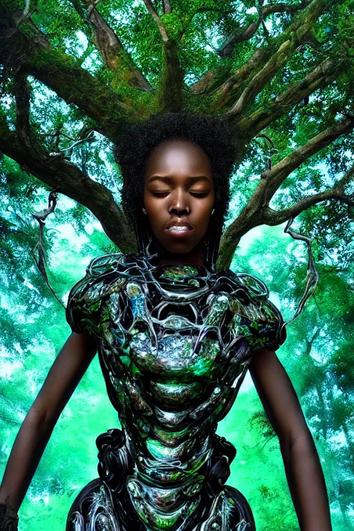 Image similar to hyperrealistic post - baroque super expressive! black woman with exoskeleton armor, merging with tree in a forest, highly detailed digital art masterpiece smooth cam de leon eric zener dramatic pearlescent blue green light ground angle hd 8 k sharp focus