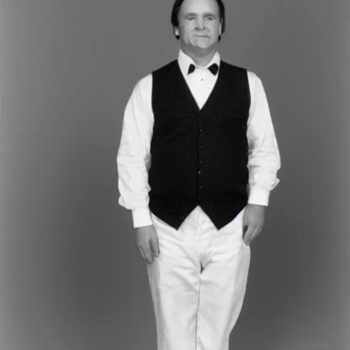 Image similar to clean - shaven portly white man with neatly styled black hair in his 4 0 s is wearing a dress shirt sweater - vest trouser dress shoes. his is standing in front of a mirror, taking a photo of himself. faded polaroid from 1 9 8 5