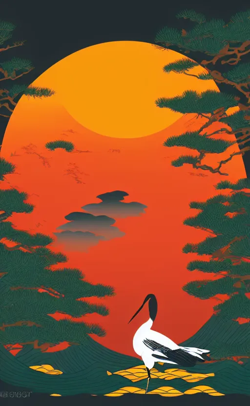 Image similar to hanafuda, portrait of huge japanese crane bird walking on a lake in the middle of japanese pines, a big red sun in the background, front game card, vector line art, trending on artstation, concept art, stunning, matte