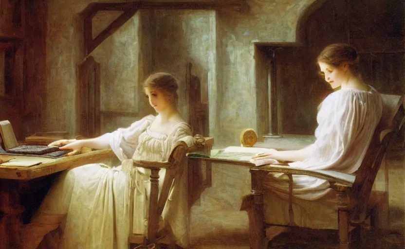 Prompt: computer on trial in medieval bavaria by pierre auguste cot and delphin enjolras and daniel f. gerhartz