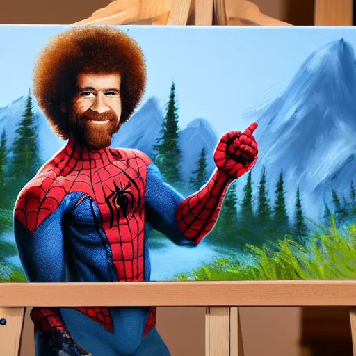 Image similar to a closeup photorealistic photograph of bob ross working on a canvas painting of spiderman. film still. brightly lit scene. mountains and trees. this 4 k hd image is trending on artstation, featured on behance, well - rendered, extra crisp, features intricate detail, epic composition and the style of unreal engine.