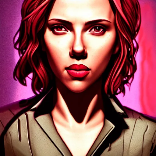 Image similar to scarlett johansson portrait, borderlands, tales from the borderlands, the wolf among us, comic, cinematic lighting, studio quality, 8 k