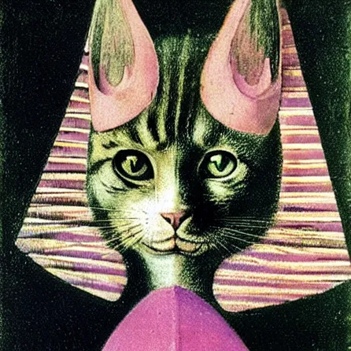 Image similar to stunning portrait of the cat of cheshire bosch with pink and purple stripes and a sadistic smile by hieronymus bosch
