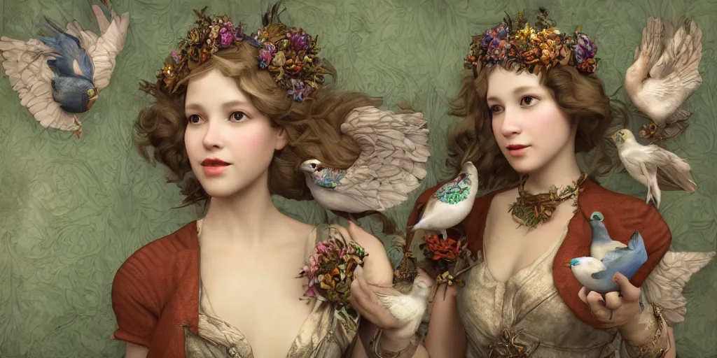 Image similar to face 3 d render of english princess holding birds, ornaments, mucha vibe, dieselpunk, solarpunk, artstation