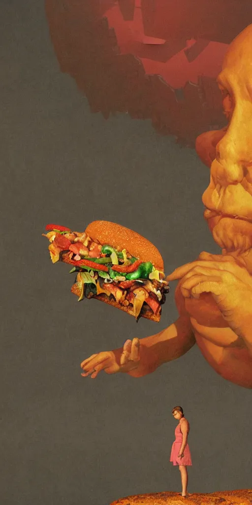 Image similar to an enormous, overwhelming ominous statue of a deluxe cheeseburger, in the style of Rockwell and Beksinski