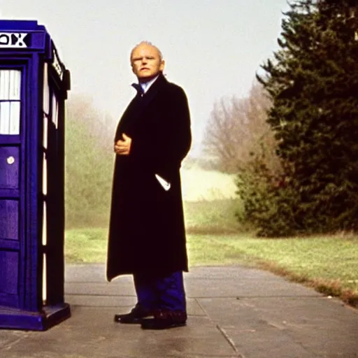 Image similar to anthony hopkins as doctor who in front of tardis, directed by robert zemeckis, 1 9 8 4