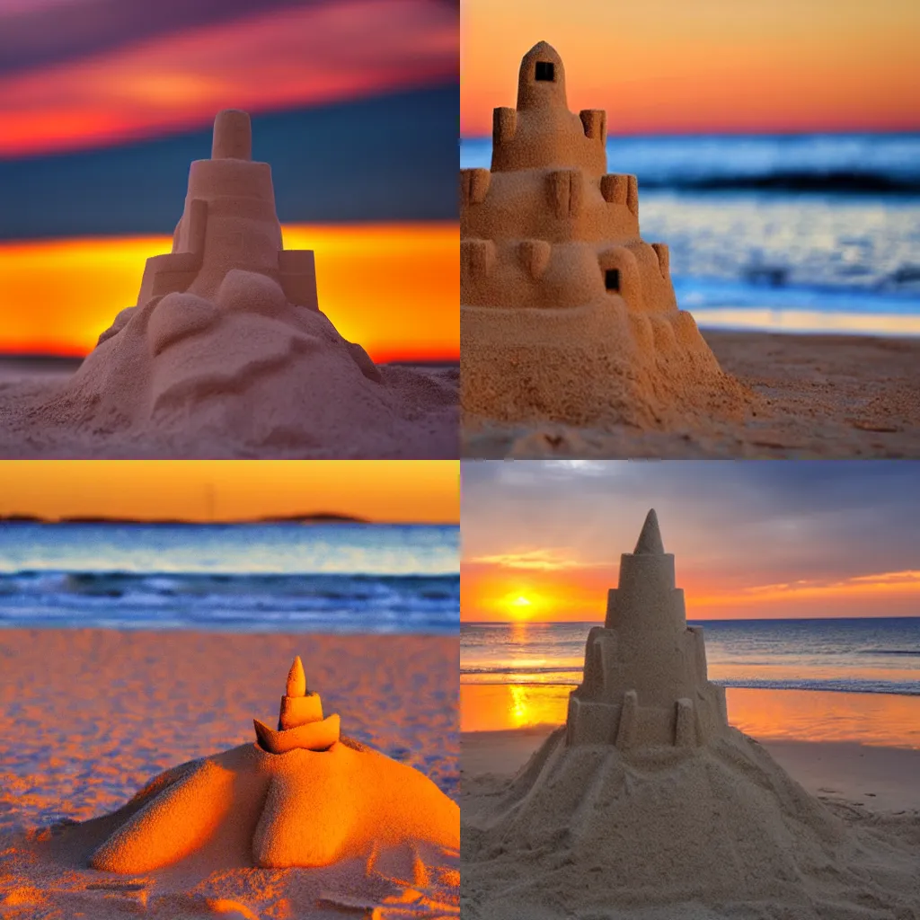 Prompt: sand castle on beach golden hour