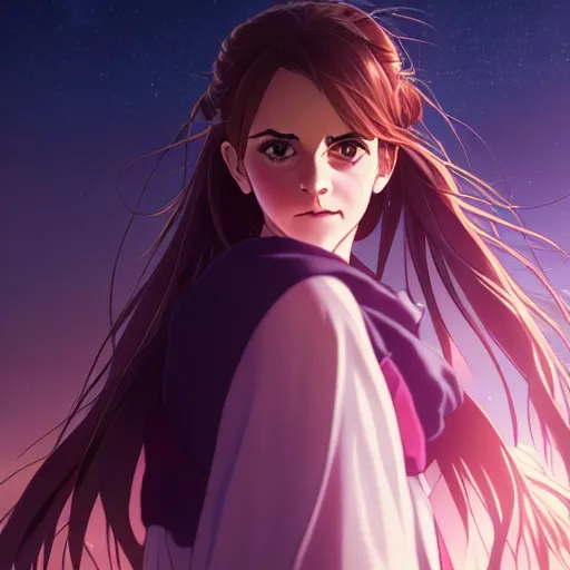 Prompt: portrait emma watson in heavens feel movie, tokyo, ufotable, key visual, cinematic, city background, night time, rooftop, fate stay night, unlimited blade works, greg rutkowski, high resolution, street clothes, anime, high budget