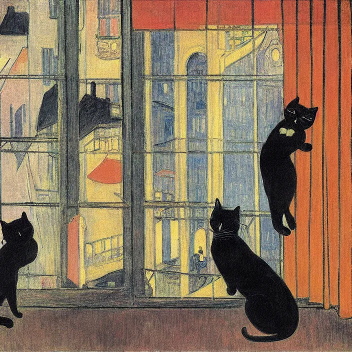 Image similar to couple under a baldachin with city seen from a window frame at night. fuzzy black cat. henri de toulouse - lautrec, utamaro, matisse, felix vallotton, monet