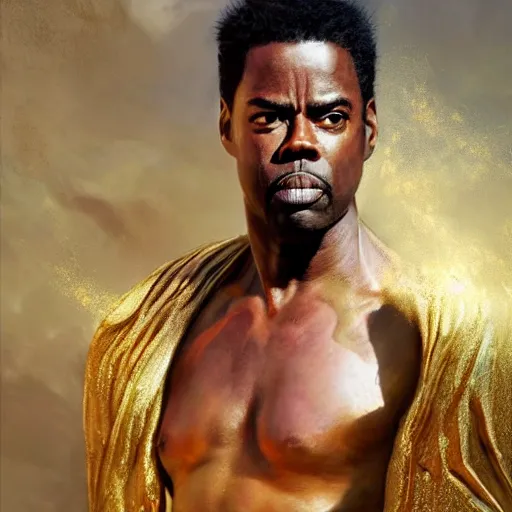 Prompt: chris rock as a rugged zeus, with smeared gold body paint by ruan jia greg rutkowski, laurels greek god [ white hair ] muscular masculine manly mature rugged powerful sensual handsome flowing robe fantasy intricate elegant detailed digital painting concept art artstation sharp focus illustration