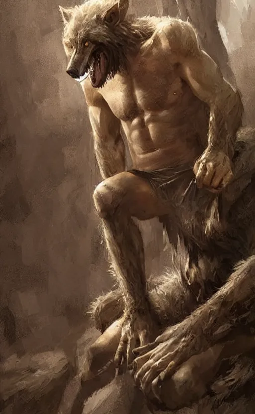 Image similar to Portrait of a rugged werewolf sitting down, male, muscular, detailed face, bare thighs!!!, simple clothing!!!!!, fantasy, medieval, highly detailed, cinematic lighting, digital art painting by greg rutkowski