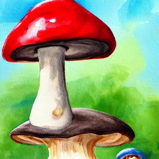 Image similar to a professional water painting of a cute creature sitting next to a mushroom, detailed