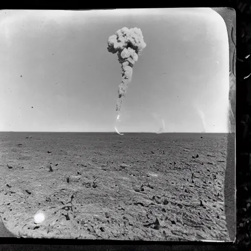 Image similar to a person takes a photo of an asteroid impact, taken on a ww 1 camera, dead people are floating in the ocean, the sky is filled with smoke.