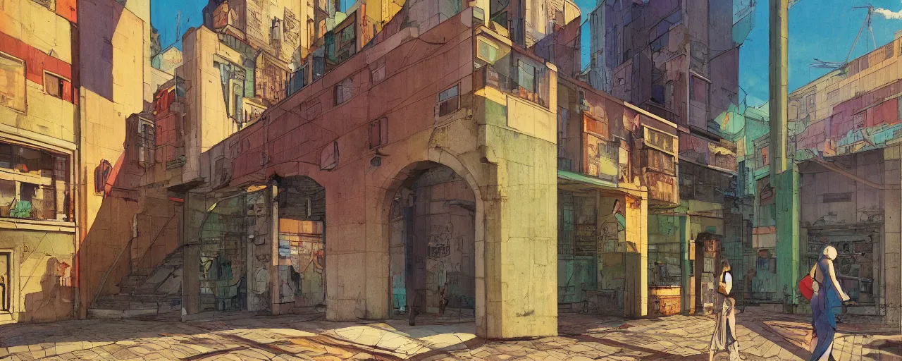 Image similar to neo brutralism, concrete housing, an archway, concept art, colorful, vivid colors, sunshine, light, shadows, reflections, oilpainting, cinematic, 3D, in the style of Akihiko Yoshida and Edward Hopper