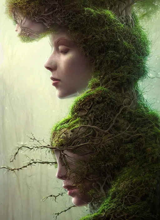 Image similar to Portrait of an Ancient Cyborg with a tree growing out of her head, moss, translucent leaves, extremly detailed digital painting, in the style of Tomasz Alen Kopera and Fenghua Zhong and Peter Mohrbacher, mystical colors, rim light, beautiful lighting, 8k, stunning scene, raytracing, octane, trending on artstation