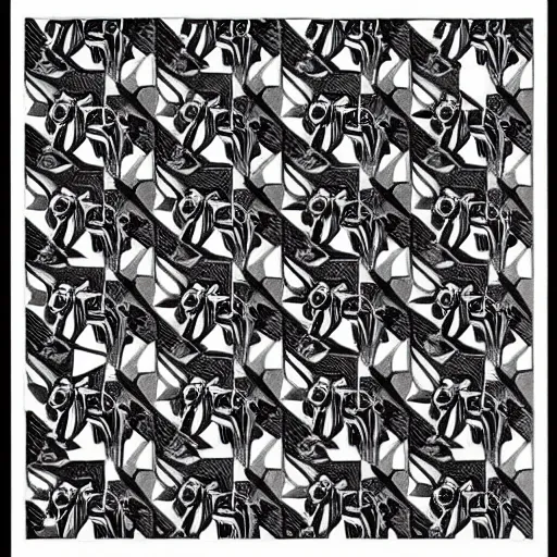 Image similar to lots and lots of black and white tessellating African wild dogs by Escher