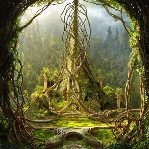 Image similar to a beautiful and highly detailed matte painting of an elven temple in a magical fantasy garden in a lush forest in the mystical mountains, celtic knots, tangled roots, knotted vines, intricate details, epic scale, insanely complex, 8 k, sharp focus, hyperrealism, very realistic, by caspar friedrich, albert bierstadt, james gurney, brian froud,