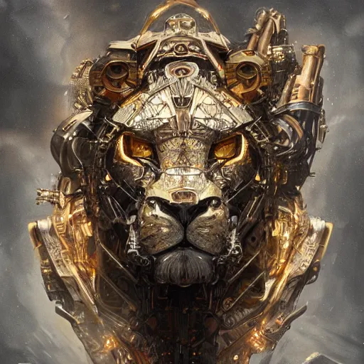 Image similar to a biomechanical lion made of scrap metal, cyberpunk, macro, intricate, elegant, highly detailed, digital painting, artstation, biolusence, concept art, sharp focus, art by artgerm and greg rutkowski and alphonse mucha, 8 k