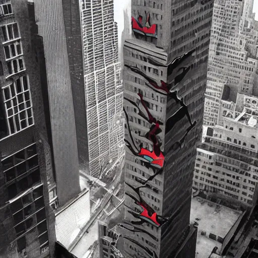 Image similar to giant ultraman walking on new york building!, post apocalyptic, cinematic,