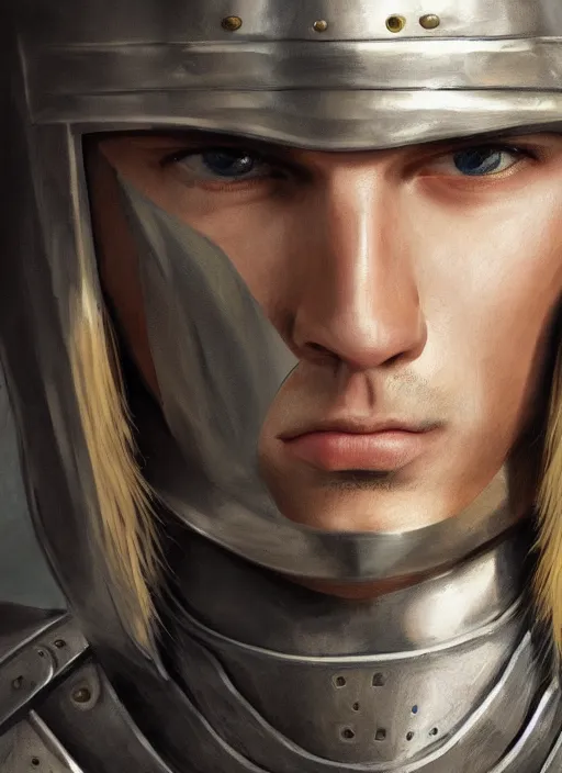 Image similar to oilpainting of a handsome young knight with a beautiful face and clear skin, long blond hair, knight armor, no helmet, medieval art, high resolution, clear image, digital art, studio photo, 4 k, clear lines, artstation