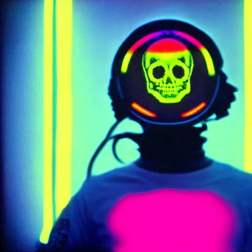 Image similar to astronaut with a neon glowing skull, 1 9 6 0 s, color bleed, video compression, video glitch, stanley kubrick