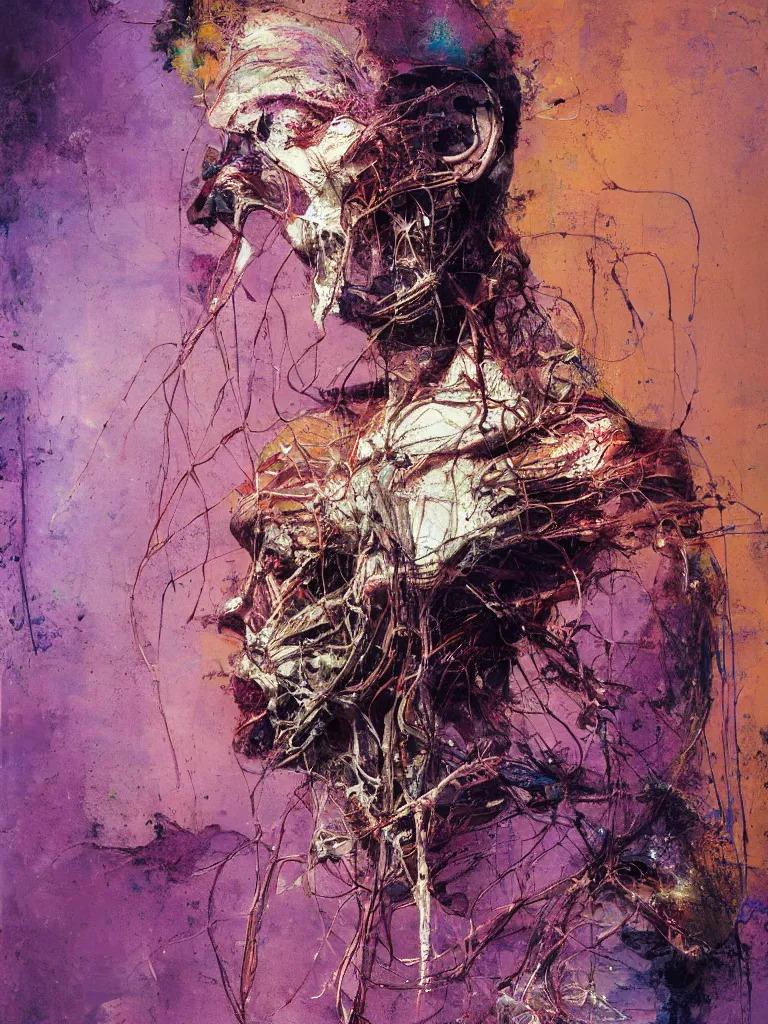 Image similar to a beautiful glitched painting by robert proch of an anatomy study of the human nervous system, color bleeding, pixel sorting, copper oxide and rust materials, brushstrokes by jeremy mann, cold top lighting, pastel purple background