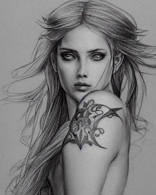 Image similar to tattoo sketch of beautiful greek goddess aphrodite, bow and arrow, beautiful piercing eyes, flowing blonde hair, realistic face, hyper realistic, in the style of greg rutkowski, fantasy, amazing detail, epic, intricate, elegant, smooth, sharp focus