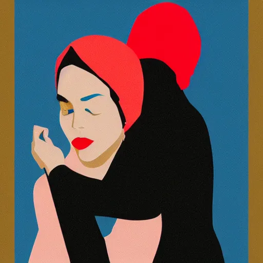 Prompt: Woman holding another woman, arm around her neck, skin color black, both have red lips, wearing hijab, Edward Hopper and James Gilleard style